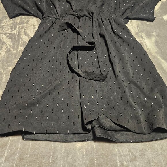 Express Black Sheer Chiffon Glitter Layered Wrap Wide Sleeve Belted Dress - Picture 6 of 8